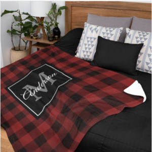 Personalized Red Buffalo Plaid Personal Initial Gift Sherpa Blanket